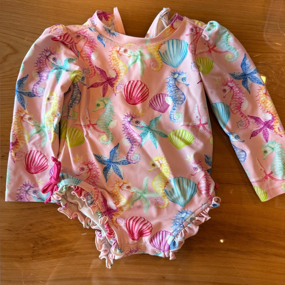Posh Peanut Pink Kids Swim Rashguard with Seahorse and Shells